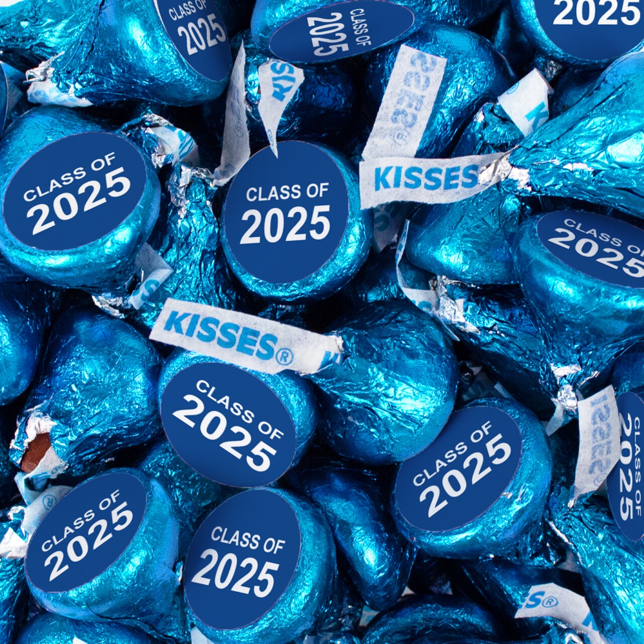 Graduation Candy For Party Favors (Choose 85 Pcs Milk Chocolate Hershey's Kisses, 34 Pcs Wrapped Miniatures or both) - Blue Class of 2025